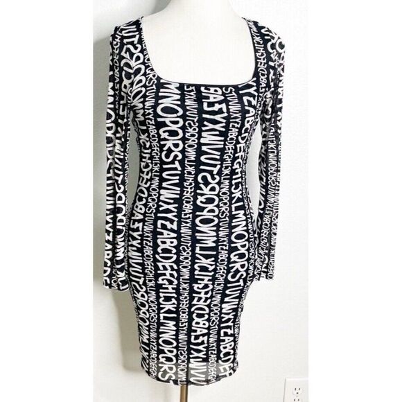 Iris Y2K Mini Bodycon Dress Black Gwen Stefani Alphabet All over Print Medium - Picture 1 of 4